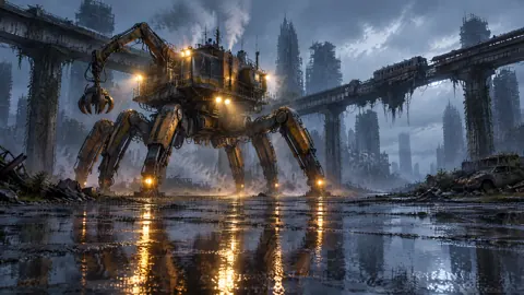Six-Legged Salvage Machine in Rain