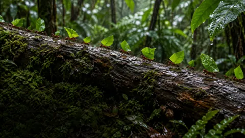 Leafcutter Ants on Rainy Log