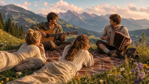 Friends Playing Music in Alpine Meadow