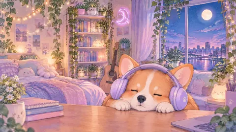 Corgi With Lavender Headphones