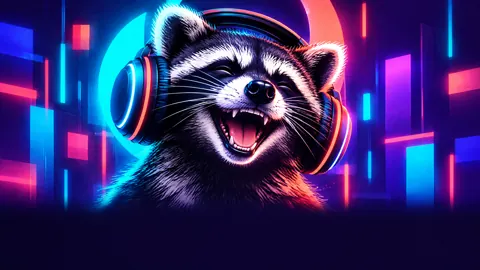 Raccoon With Neon Headphones