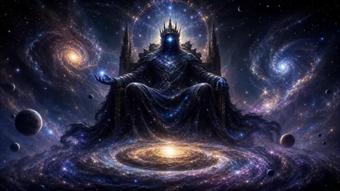 Crowned Cosmic Ruler on Throne