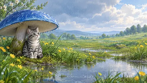 Tabby Cat Under Blue Mushroom