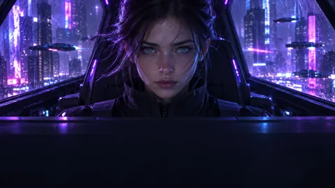 Cyberpunk Pilot in Violet Cockpit