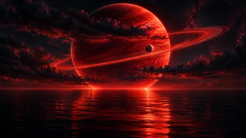 Crimson Planet Over Black Ocean