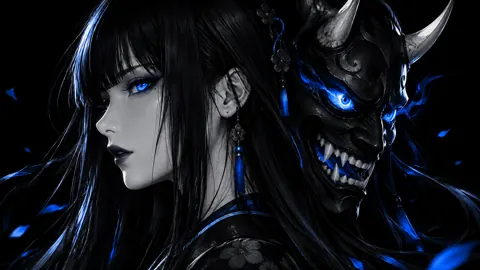 Blue-Eyed Woman with Oni Mask