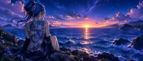 Blue-Haired Woman at Sunset