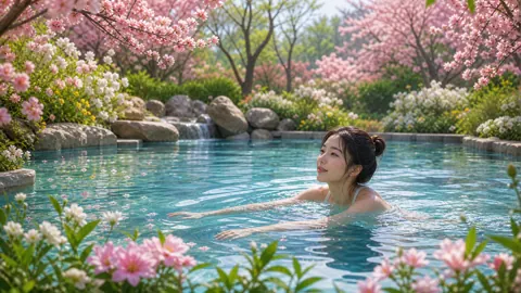 Woman Swimming in Garden Pool