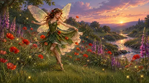 Fairy Among Poppies at Sunset