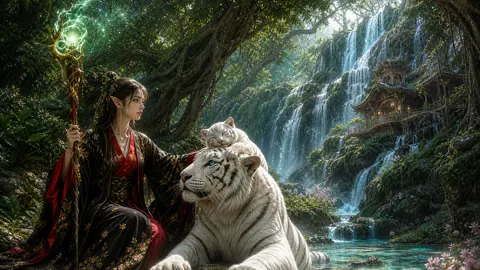 Elven Maiden With White Tigers