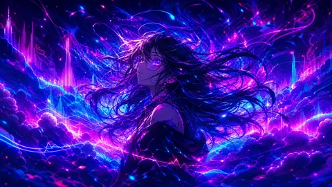 Anime Girl With Neon Waveforms