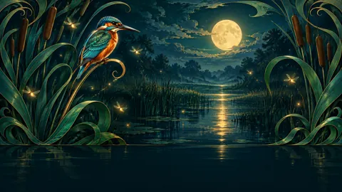 Copper Kingfisher Moonlit Marsh