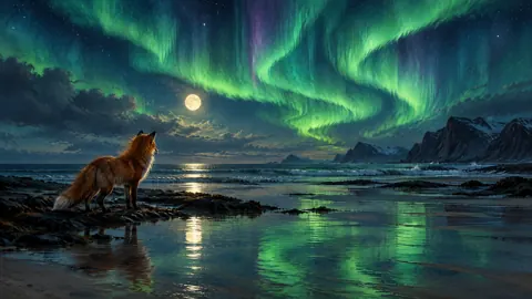 Red Fox Under Aurora