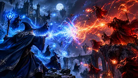 Wizards Battling Above Gothic Ruins