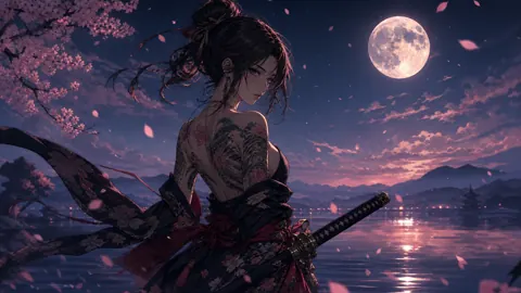 Female Samurai by Moonlit Lake