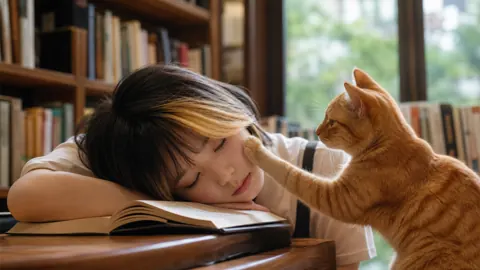 Woman Sleeping With Ginger Cat