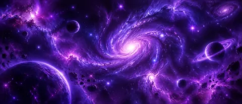 Purple Spiral Galaxy with Ringed Planet
