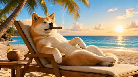 Akita Inu Smoking Cigar on Beach