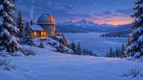 Stone Observatory Above Frozen Lake