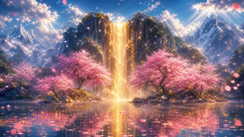Golden Waterfall Between Cherry Blossoms