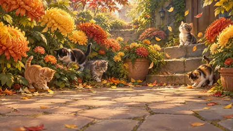 Kittens Among Autumn Chrysanthemums