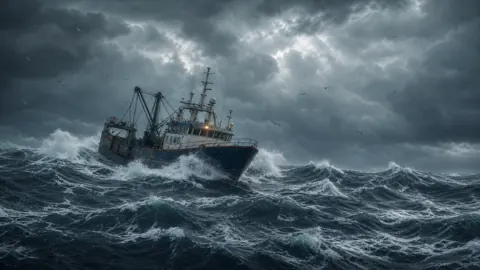 Fishing Trawler in Storm Waves