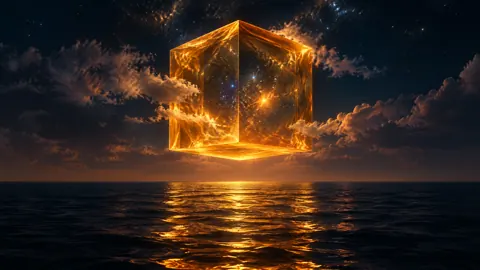 Star-Filled Amber Cube Over Ocean