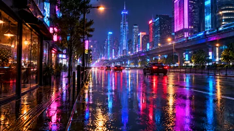 Neon Rain City Street