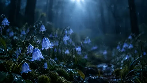 Dewy Blue Bellflowers and Beetle