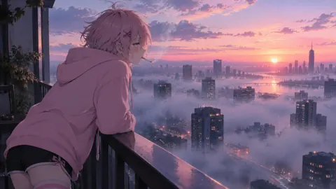 Pink-Haired Smoker on Balcony