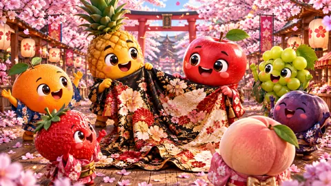 Fruit Characters at Cherry Blossom Festival