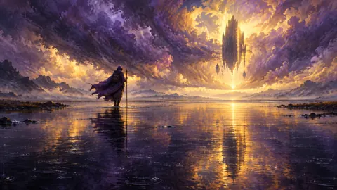 Cloaked Traveler Beneath Floating Monolith