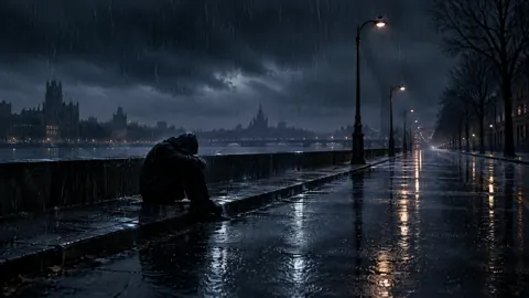 Hooded Figure by Rainy River