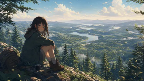 Anime Girl Above Taiga Lakes