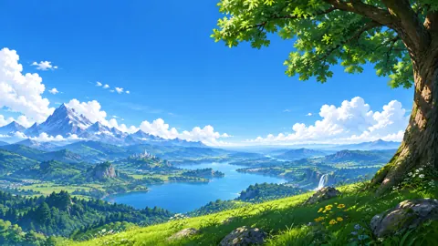 Flowered Hill Above Blue Lake
