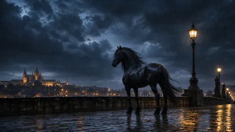 Black Stallion on Rainy Bridge