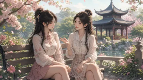 Two Girls by Garden Pond