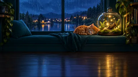 Sleeping Ginger Kitten by Terrarium