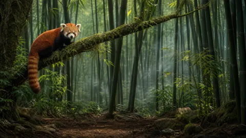 Red Panda on Mossy Branch