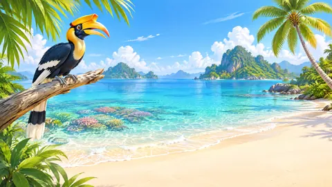 Hornbill Above Tropical Lagoon