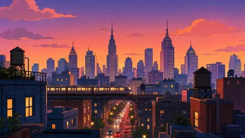 Anime City Skyline at Sunset