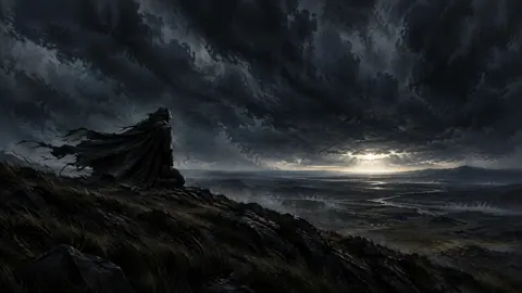 Cloaked Figure Beneath Storm Clouds