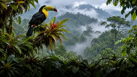 Toucan on Rainy Bromeliad