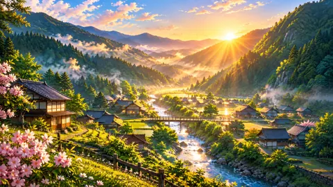 Japanese Village With Cherry Blossoms