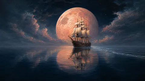 Sailing Ship Under Peach Moon
