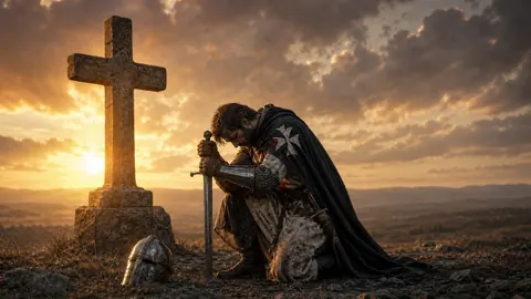 Hospitaller Knight Before Stone Cross