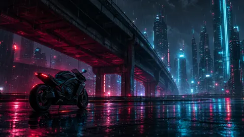 Cyberpunk Motorcycle Under Neon Overpass