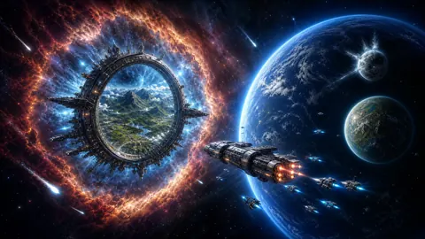 Orbital Ring Above Blue Planet