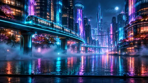 Cyberpunk Tram Above Canal