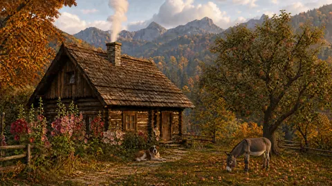 Log Cabin with Saint Bernard
